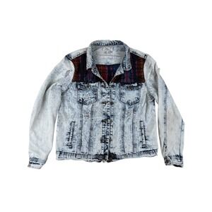 Chiqle L Denim Jacket Boho Western Cotton Acid Wash Distressed Tapestry